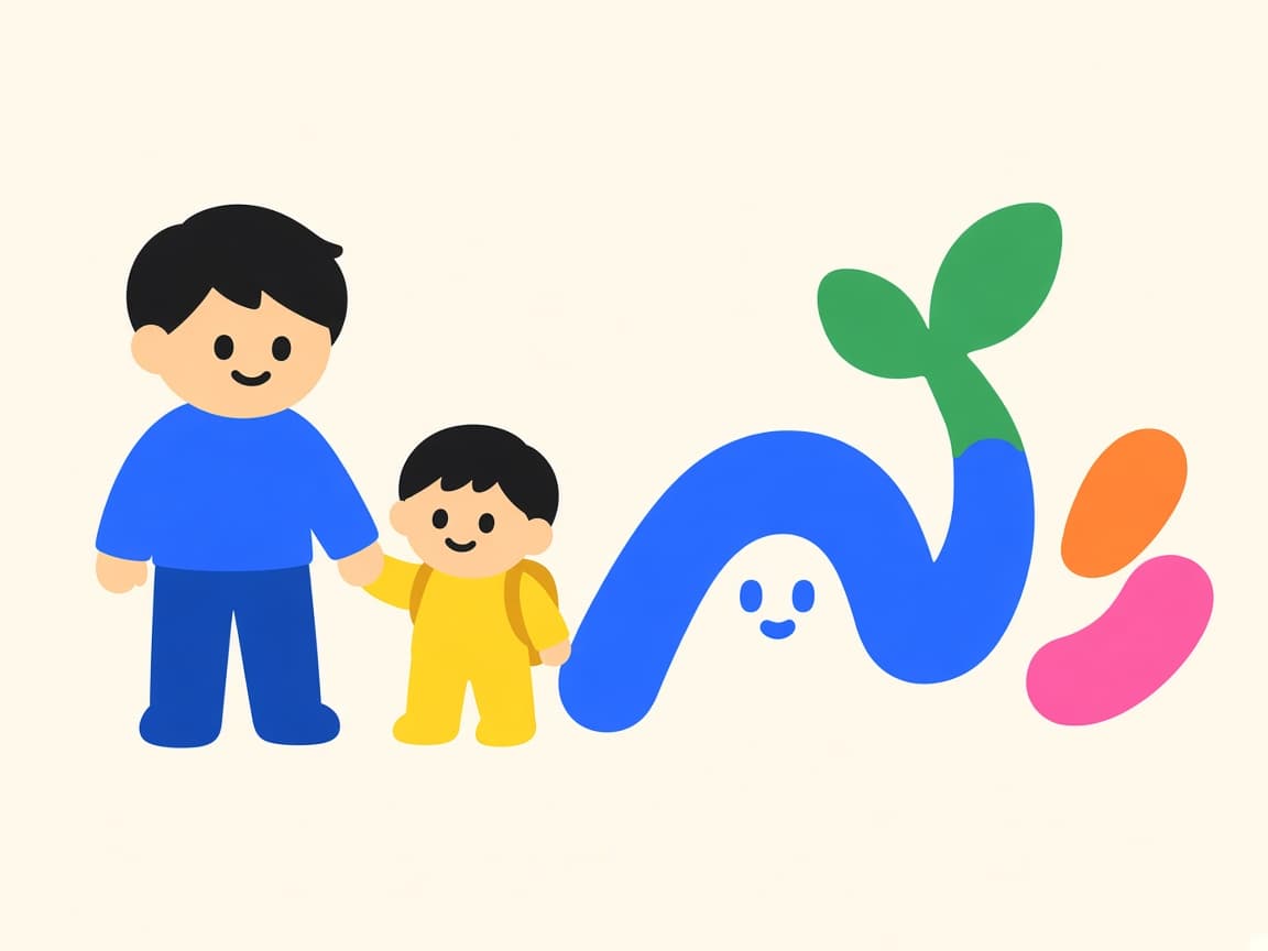 아이와 손을 잡은 부모 옆의 꿈틀이
